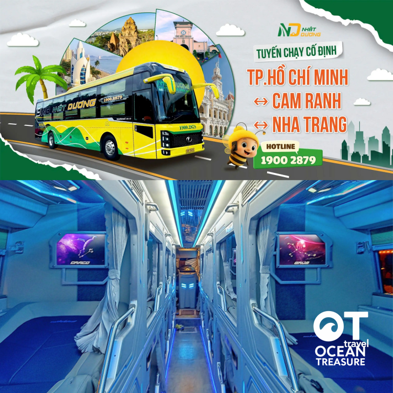 OT Travel 사진 속 Nhật Dương–Bình Minh 버스와 파란색 침대칸 실내